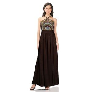 THEIA COUTURE Silk Paisley Beaded Halter Neck Maxi Dress